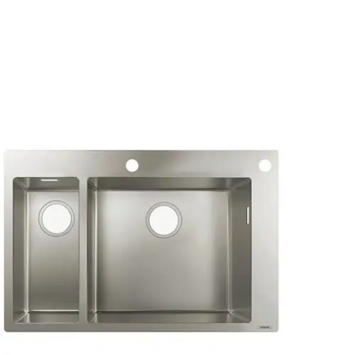 Edelstahlspüle von Hansgrohe mit zwei Becken, eines größer, eines kleiner, und mehreren Ausschnitten für Armaturen.